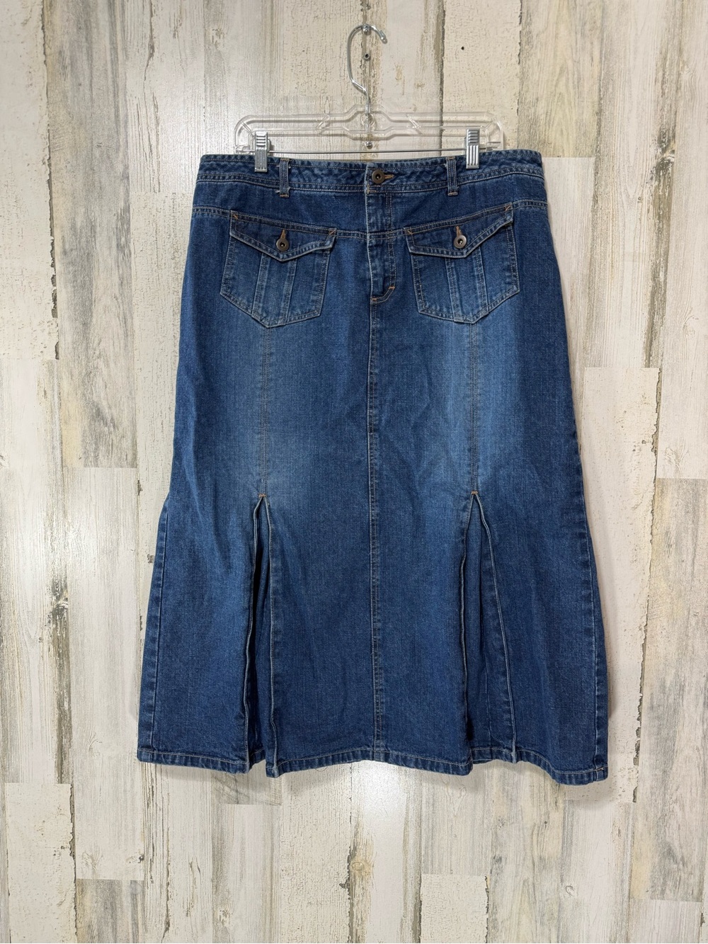 French Cuff Dark Blue Denim Midi Skirt with Front Flap Pockets